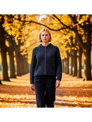 Benerly Kadın Fermuarlı Bisiklet Yaka Düşük Kol Etnik Desenli Kalın Triko Hırka Akrilik Polyester Pamuk