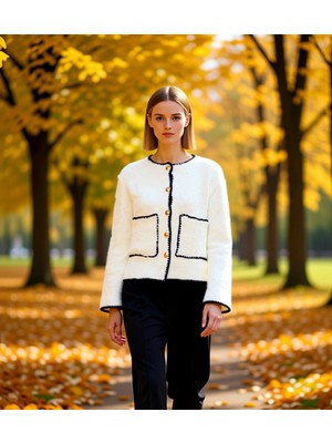 Benerly Kadın Kontrast Detaylı Düğmeli Tüylü Dokulu Triko Ceket Hırka Günlük ve Ofis Fonksiyonel Şık