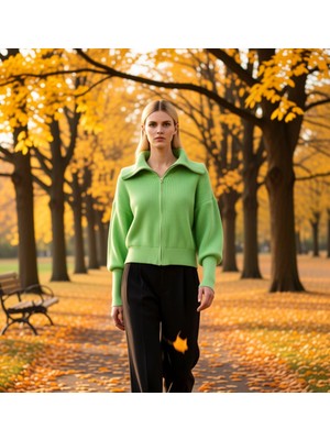 Benerly Kadın Geniş Kalıp Devrik Yaka Fermuarlı Triko Hırka Rahat ve Şık Görünüm Sunan Uzun Kollu Üst Giyim