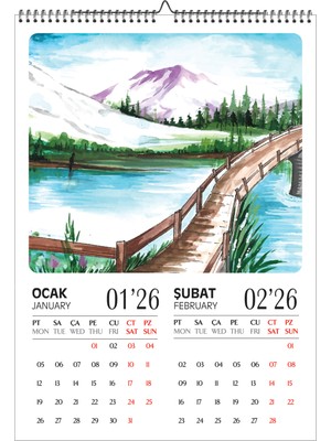 Genel Tedarik 2026 Suluboya Manzaralı A3 Duvar Takvimi Inkjet Fotoğraf Kağıdına Baskılı Spiralli ve Askılı
