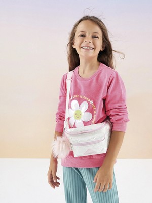 LC Waikiki Lcw Kids Pembe Bisiklet Yaka Baskılı Uzun Kollu Kız Çocuk Sweatshirt