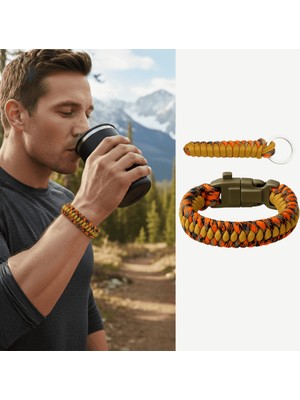 Tesbihname Pusulalı Çakmaklı Paracord Bileklik Anahtarlık - Turuncu Kamuflaj Desen - Kamp ve Doğa Sporları Için
