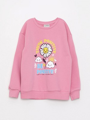 LC Waikiki Lcw Kids Pembe Bisiklet Yaka Baskılı Uzun Kollu Kız Çocuk Sweatshirt