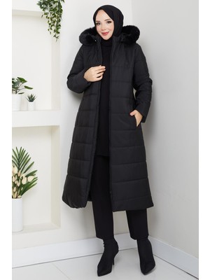Günay Karaca Ahval Büyük Beden Kalın Kışlık Şişme Kapitone Siyah Kadın Kaban 6045