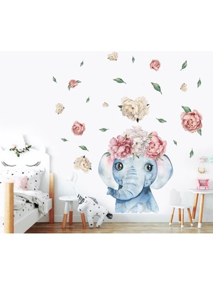Artikel Çiçek Taçlı Fil ve Çiçekler Çocuk Odası Duvar Sticker 50 x 70 cm
