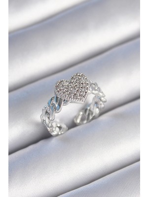 Eco Port Pirinç Gümüş Renk Zincir Kordon Zirkon Taşlı Kalp Model Kadın Yüzük