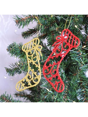 Empressco Renkli 14 cm Simli Ağaç Süsü Çorap Seti, 2'li, Yılbaşı Dekorasyonu