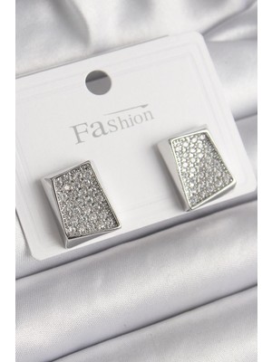 Eco Port Pirinç Gümüş Renk Zirkon Taşlı Plaka Model Kadın Küpe