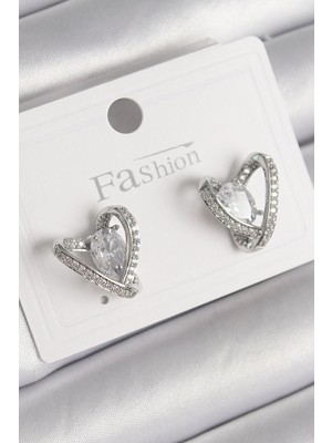 Eco Port Pirinç Gümüş Renk Zirkon Taşlı Kalp Model Kadın Küpe