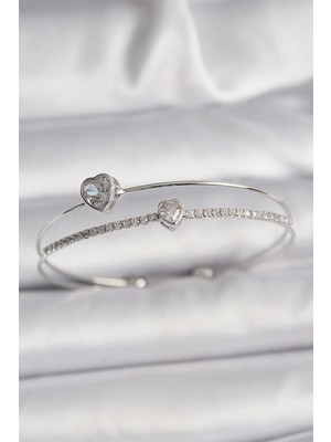 Eco Port Pirinç Gümüş Renk Zirkon Taşlı Kalp Model Kadın Bileklik