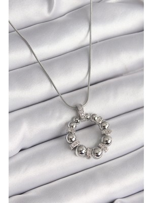 Eco Port 316L Çelik Gümüş Renk Zincir Zirkon Taş Detaylı Bombeli Halka Model Kadın Kolye
