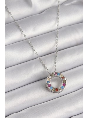 Eco Port 316L Çelik Gümüş Renk Zincir Renkli Zirkon Taşlı Xoxo Model Kadın Kolye