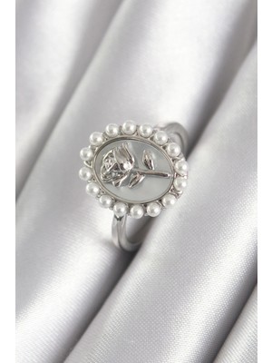 Eco Port Pirinç Gümüş Renk Portre Gül Model Inci Detay Kadın Yüzük