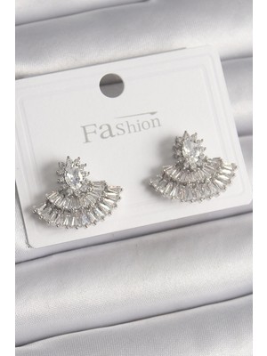 Eco Port Pirinç Gümüş Renk Zirkon Taşlı Yelpaze Model Kadın Küpe