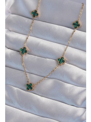 Eco Port 316L Çelik Gold Renk Minimal Yeşil Mineli Yonca Kolye