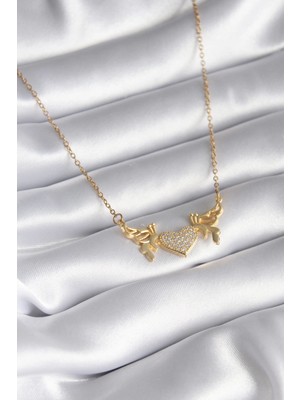 Eco Port 316L Çelik Gold Renk Zirkon Taşlı Kanatlı Kalp Model Kadın Kolye