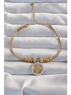 Eco Port 316L Çelik Gold Renk Zirkon Taş Aksesuarlı Fatma Ana Eli Bileklik