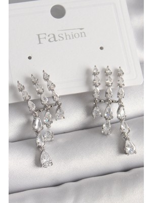 Eco Port Pirinç Gümüş Renk Zirkon Taşlı Yağmur Model Kadın Küpe