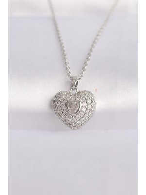 Eco Port 316L Çelik Zincir Gümüş Renk Zirkon Taşlı Kalp Kolye