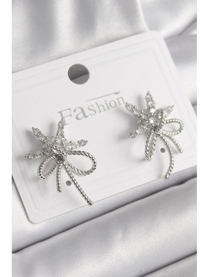 Eco Port Pirinç Gümüş Renk Zirkon Taşlı Yıldız Düğüm Model Kadın Küpe