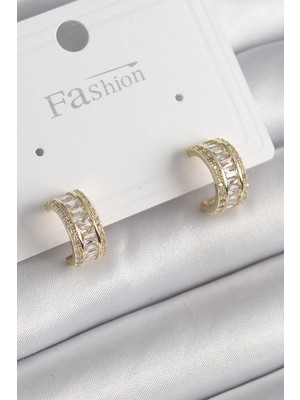 Eco Port Pirinç Gold Renk Zirkon Taşlı Halka Model Kadın Küpe