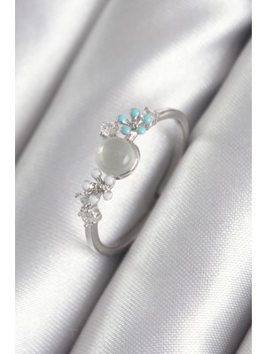 Eco Port Pirinç Gümüş Renk Zirkon Taş Detaylı Beyaz Sedefli Çiçek Model Kadın Yüzük