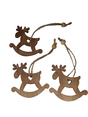 Empressco Natürel Ahşap Geyik Figürlü Sallanan Süs Seti, 3 Adet, Beyaz Renkli.