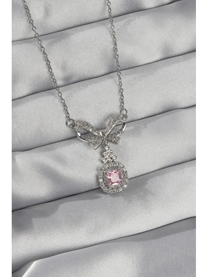 Eco Port 316L Çelik Gümüş Renk Fiyonk Detay Pembe Zirkon Taşlı Tektaş Kolye