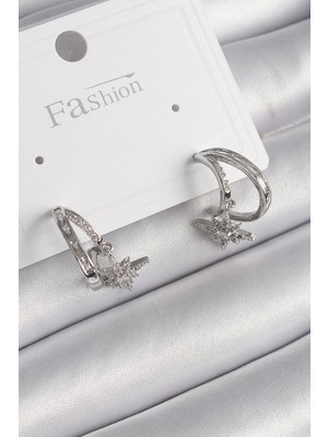 Eco Port Pirinç Gümüş Renk Zirkon Taşlı Halka Model Sallantı Yıldız Detay Kadın Küpe