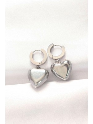 Eco Port 316L Çelik Gümüş Renk Bombeli Kalp Tasarımlı Küpe