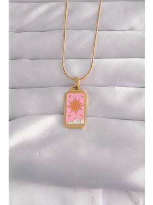 Eco Port 316L Çelik Gold Renk Pembe Mineli Güneş Model Tarot Kolye