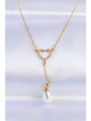 Eco Port 316L Çelik Zincir Gold Renk Inci Taş Detay Kalp Kolye