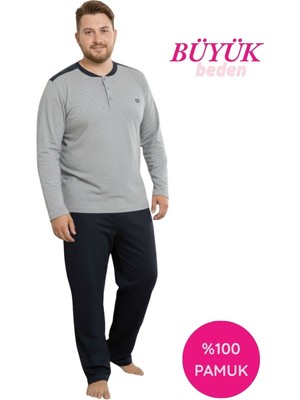 Bie's Erkek Açık Gri 3 Düğmeli Göğüs Cepli Mevsimlik Uzun Kol %100 Pamuk Büyük Beden Cepli Pijama Takımı