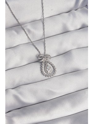 Eco Port 316L Çelik Gümüş Renk Fiyonk Detaylı Zirkon Taşlı Damla Model Kolye