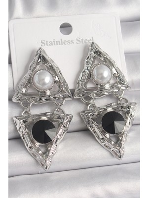 Eco Port Pirinç Gümüş Renk Sallantı Üçgen Model Inci Detay Kadın Küpe