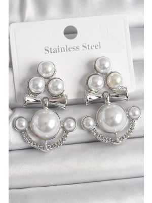 Eco Port Pirinç Gümüş Renk Sallantı Incili Çapa Model Kadın Küpe