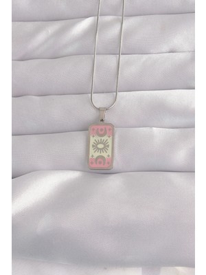 Eco Port 316L Çelik Gümüş Renk Pembe Mineli Ay Figür Tarot Kolye
