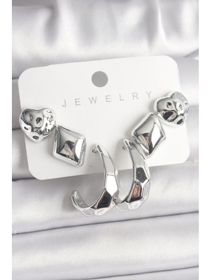 Eco Port Gümüş Renk Kalp Halka Figür Ccb Plastik Kadın Küpe Seti