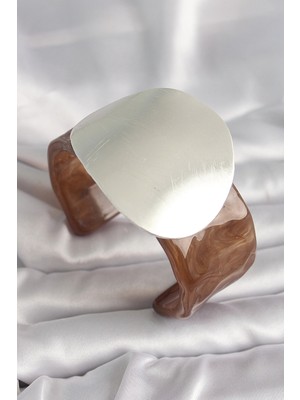 Eco Port Kahverengi Mermer Desen Akrilik Plastik Gümüş Plaka Model Vintage Kadın Bilezik