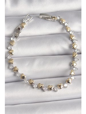 Eco Port Pirinç Gümüş Renk Zirkon Taşlı Gold Kalpli Vıp Seri Kadın Bileklik