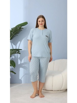 Meri Kadın Mavi Büyük Beden Battal Viskon Kapri Pijama Takımı