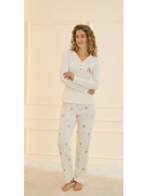 Kadın Açık Sarı V Yaka Kaşkorse Kumaş Uzun Kol Pijama Takımı Merimu