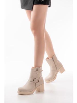 Zerenyus ZRİN-3042 Premium Bej Fermuarlı Kalın Topuklu Günlük Kadın Bot