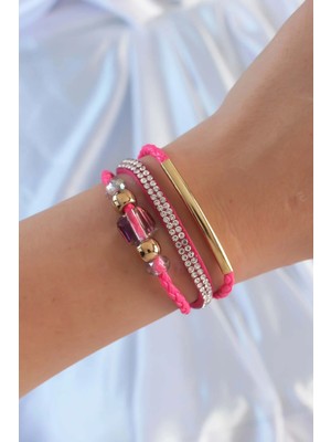 Eco Port Pembe Renk Zirkon Taşlı Deri Çoklu Bileklik