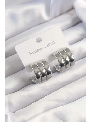 Eco Port 316L Çelik Gümüş Renk 3lü Görünüm Bombe Model Yarım Halka Küpe