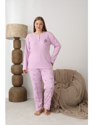 Meri Kadın Büyük Beden Battal Interlok Koyu Lila Uzun Kollu Düğmeli Kadın Pijama Takımı