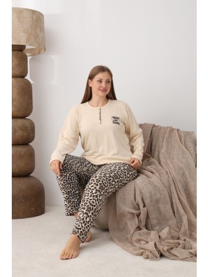 Meri Kadın Büyük Beden Battal Interlok Krem Leopar Uzun Kollu Düğmeli Kadın Pijama Takımı