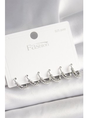 Eco Port 925 Ayar Gümüş Çivi Pirinç Gümüş Renk Kalp Işlemeli Halka Model Kadın Küpe Seti