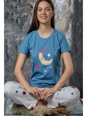 Meri Kadın Mavi Aydede Desenli Kısa Kol Sıfıryaka Likra Pamuklu Pijama Takımı