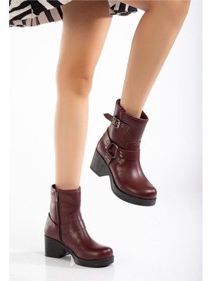 Zerenyus ZRİN-3042 Premium Bordo Fermuarlı Kalın Topuklu Günlük Kadın Bot
